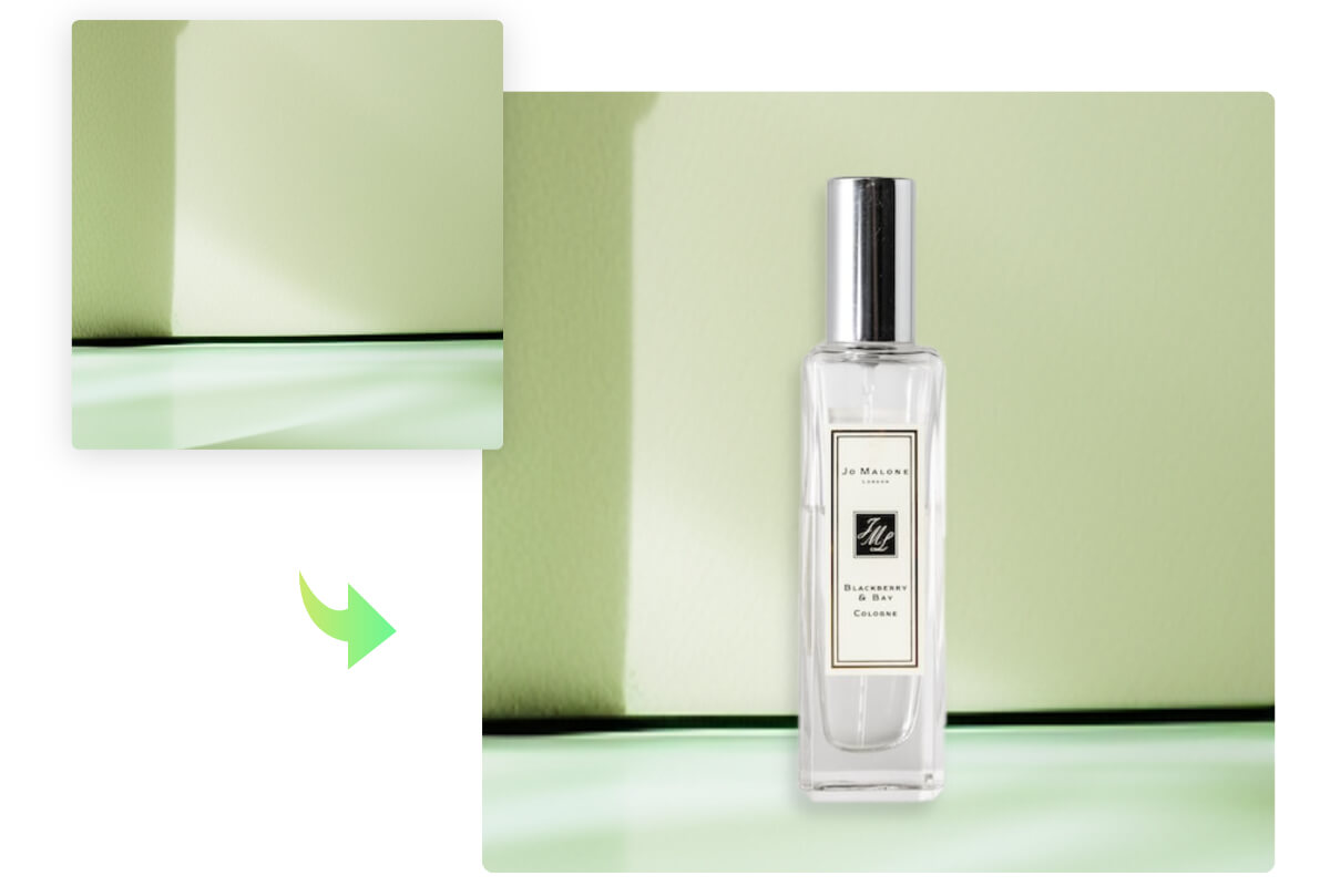 Add a minimalist green background to the perfume