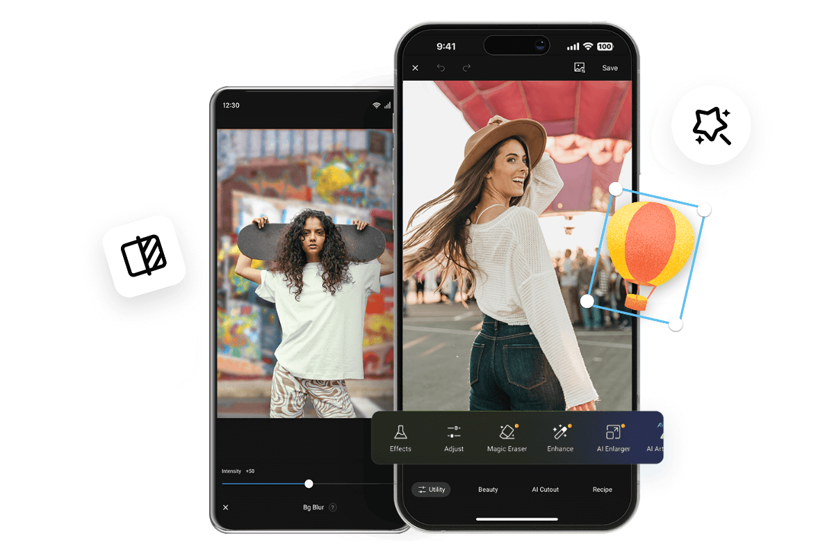 Add effects and blur background to make two woman photos aesthetic on fotor app