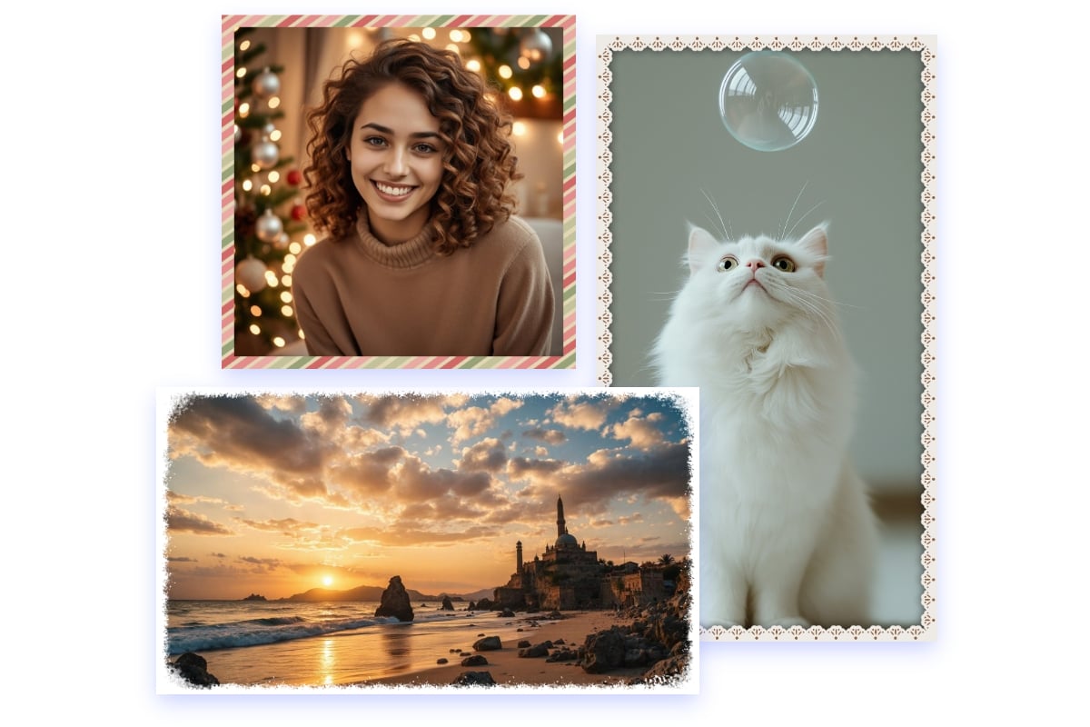 Add three different sized and proportioned photo frames to different photos