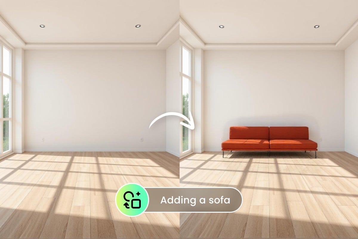 Ai fill in blank interior design image by adding a sofa