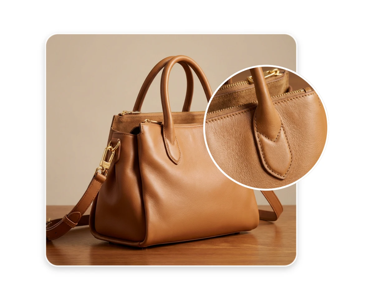 An extreme close up of a brown leather handbag showcasing hyper realistic intricate leather grain textures fine stitching details and natural material patina