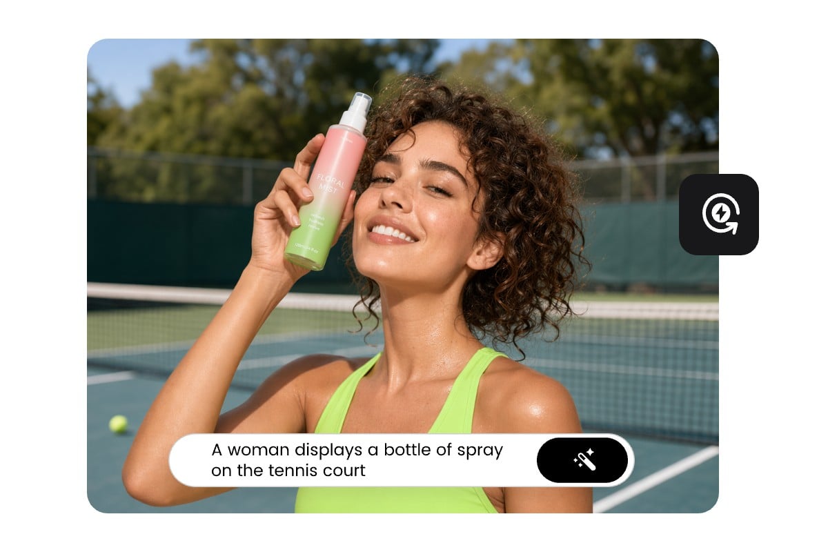 An image generated by Nano banana 2 lite showing a woman holding a spray on the tennis court