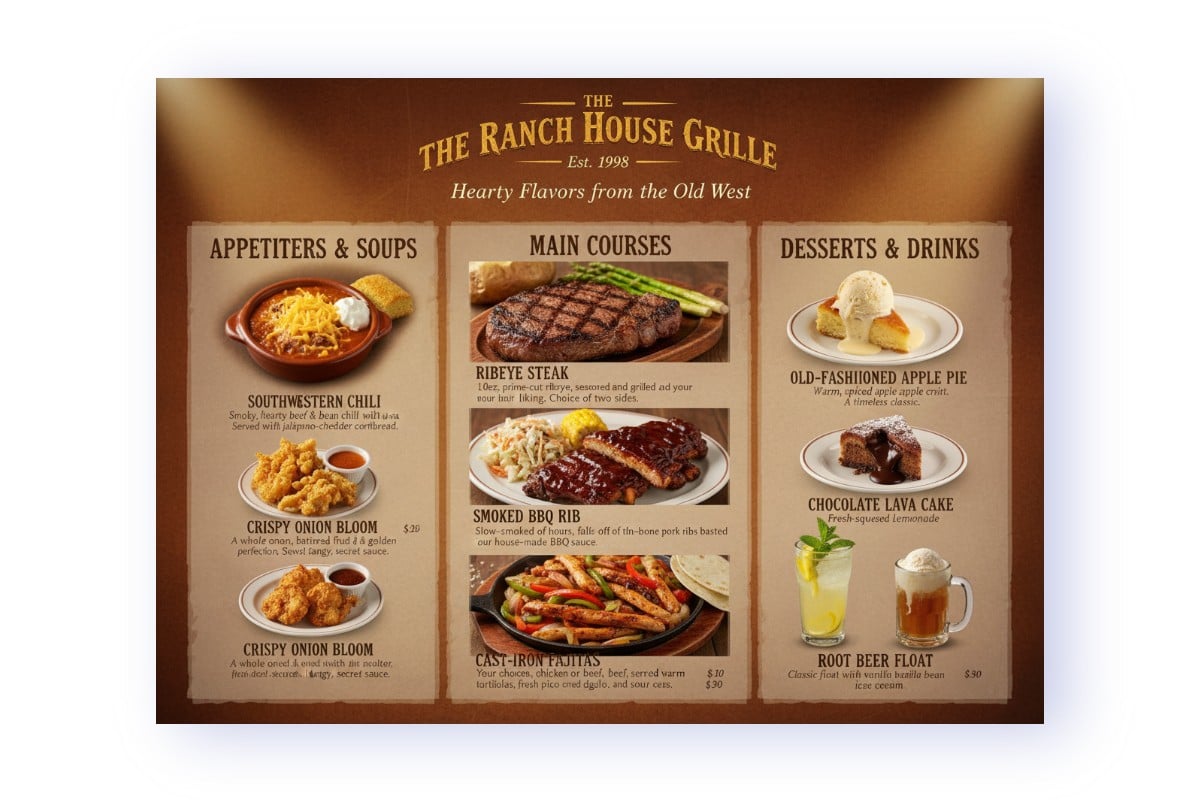 An image of creating attractive food menu with the AI generated food image