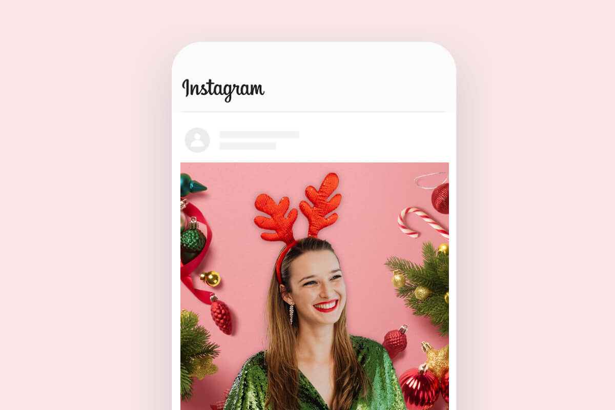 An instagram post of A girl in reindeer headdress and with a christmas background