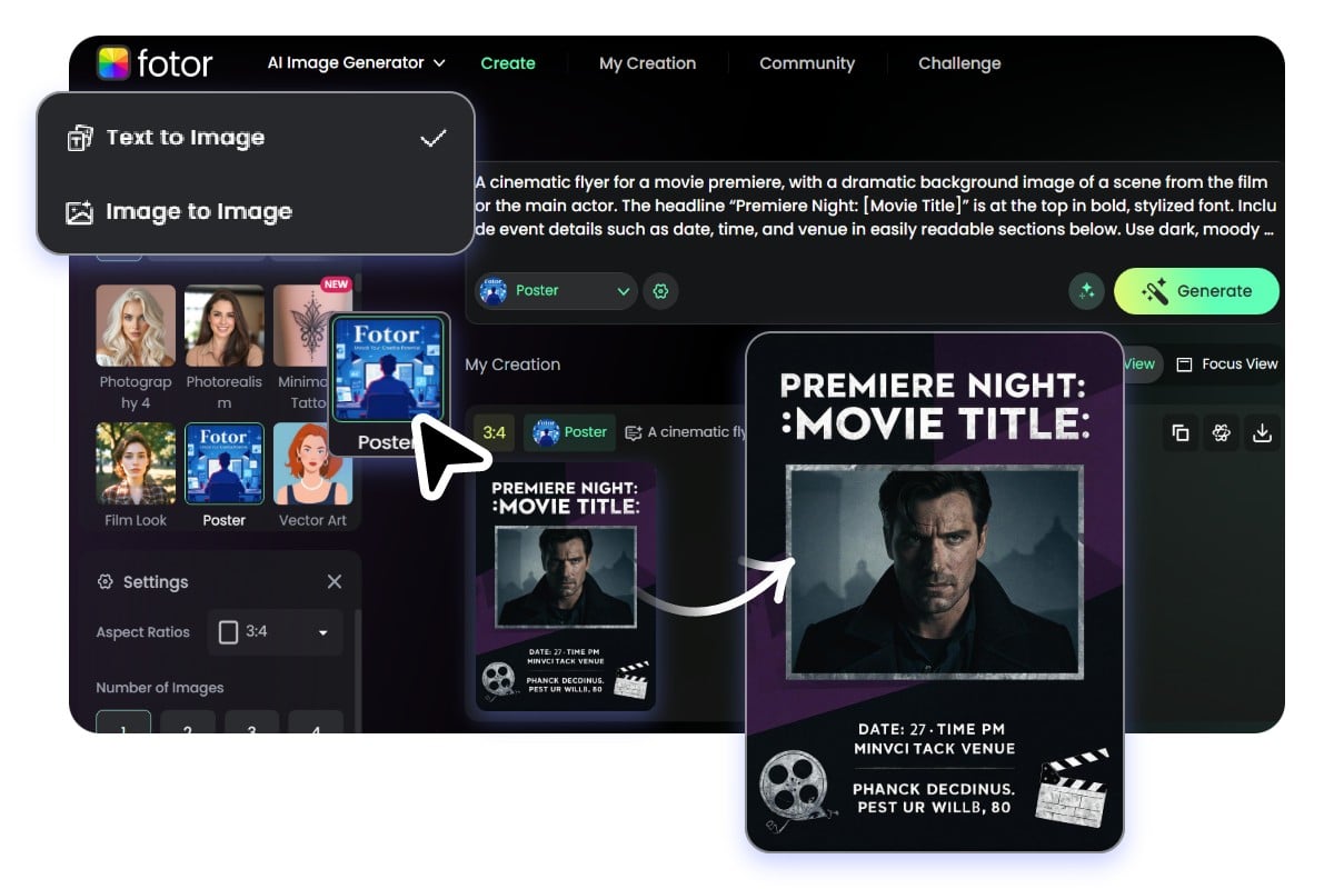 An user interface of generating a movie flyer with fotor AI flyer generator
