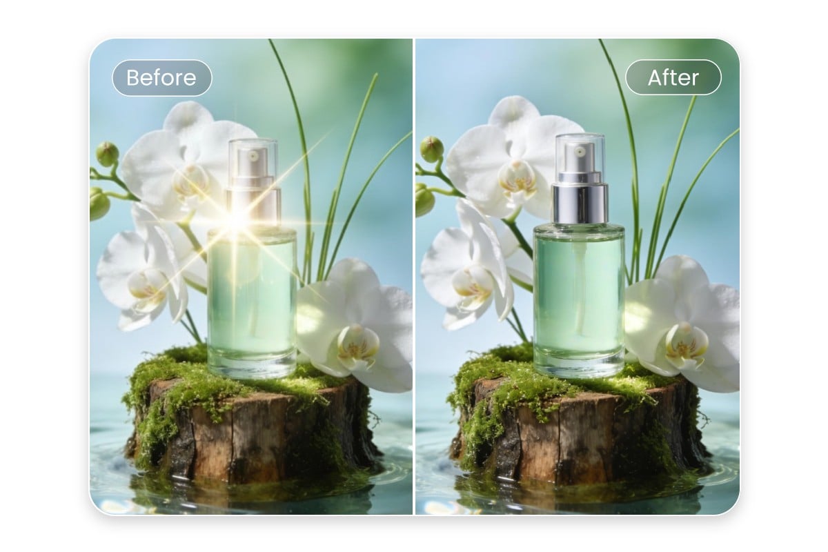 Before and after comparision showing that removing glare from product shots