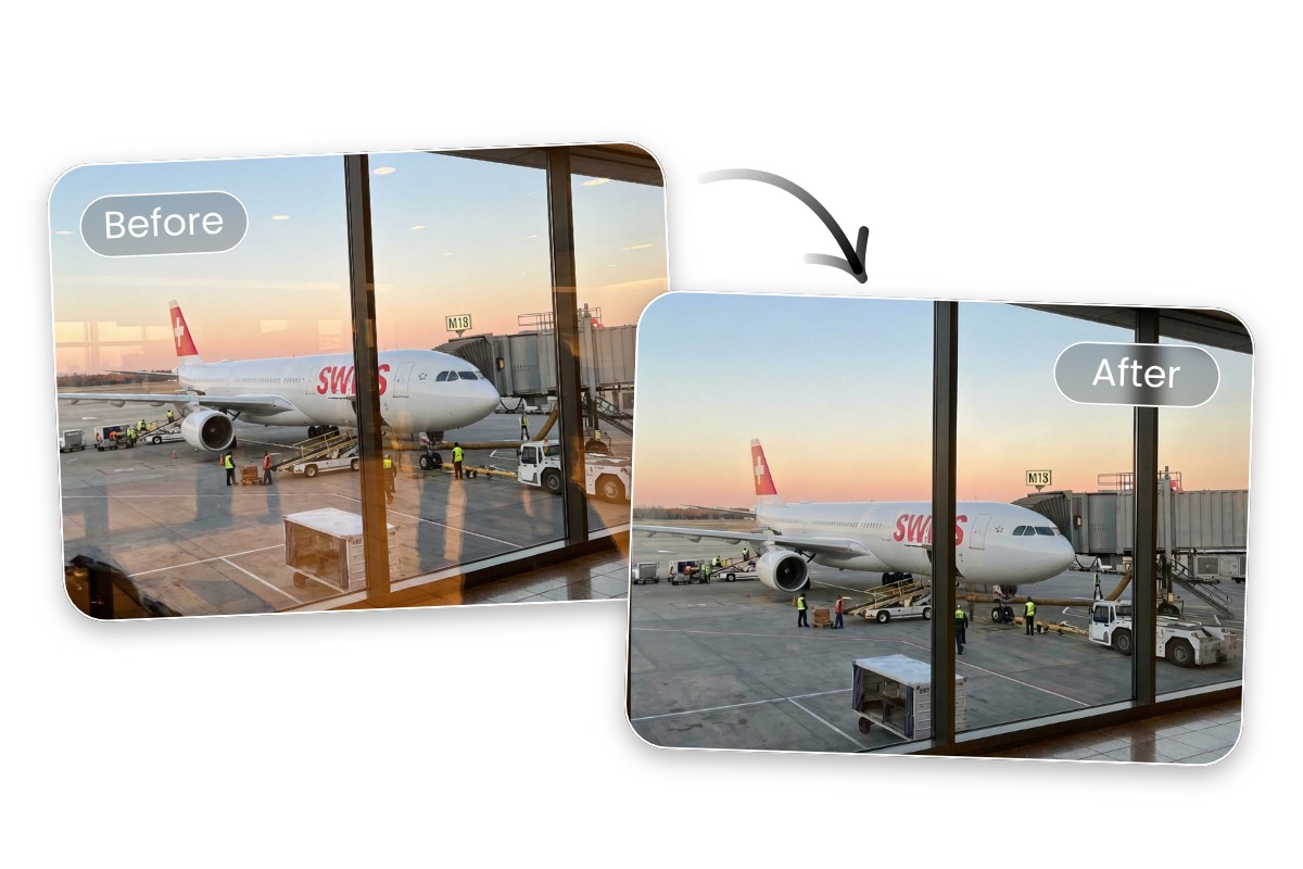 Before and after comparision showing that removing reflection from photo with Fotor glare remover