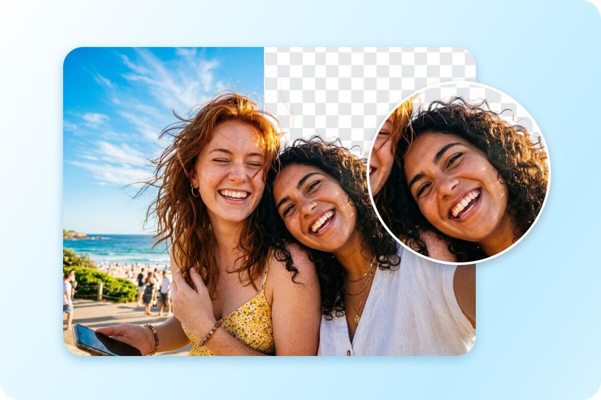 Before and after comparison showing AI background removal on a group photo with clean subject cutout