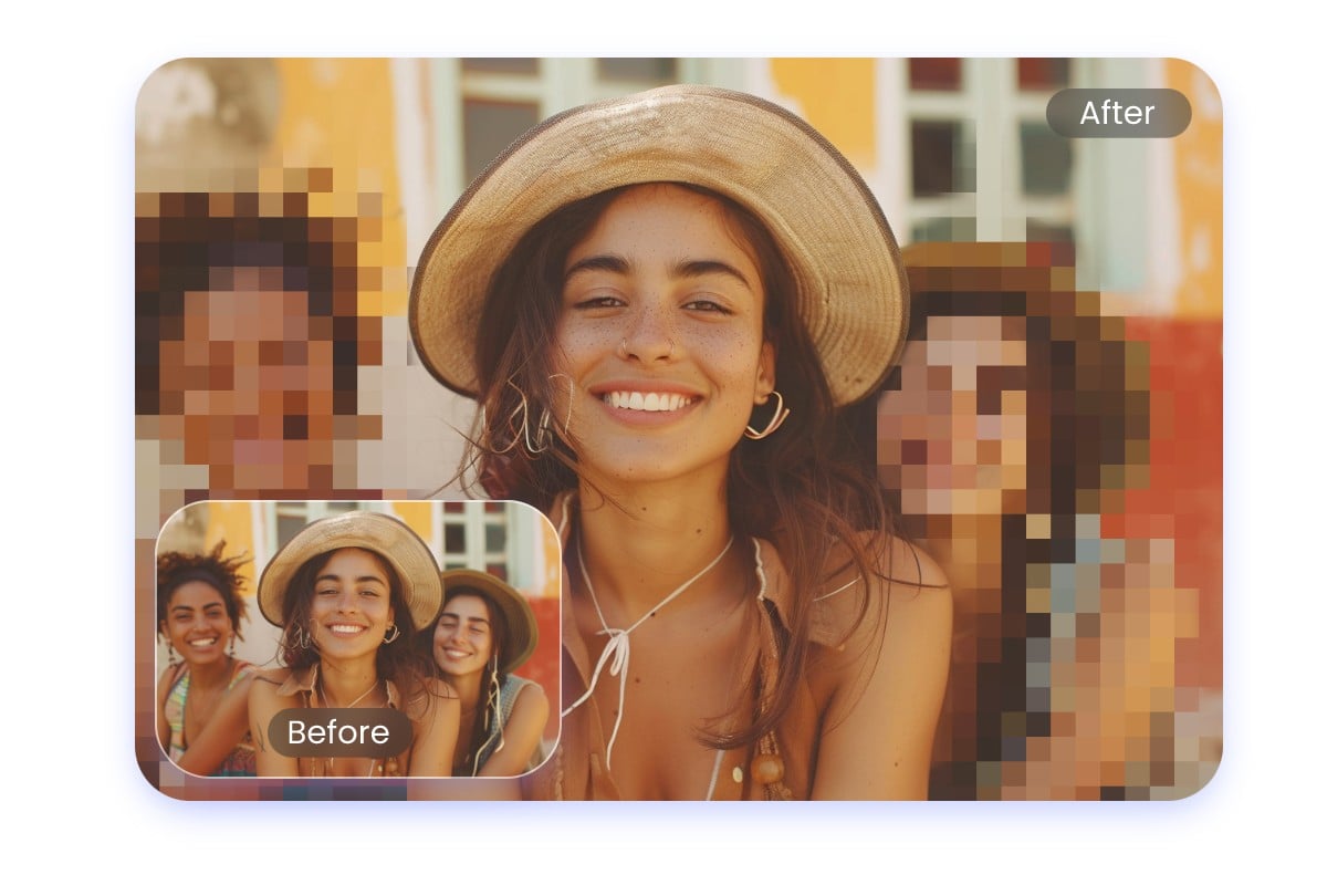 Blur the faces of all the girls except the girl in the hat with mosaics