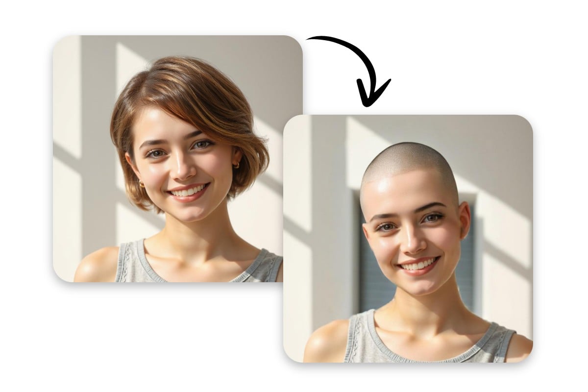Change a girl with short brown hair smiling in the sun into a buzz cut