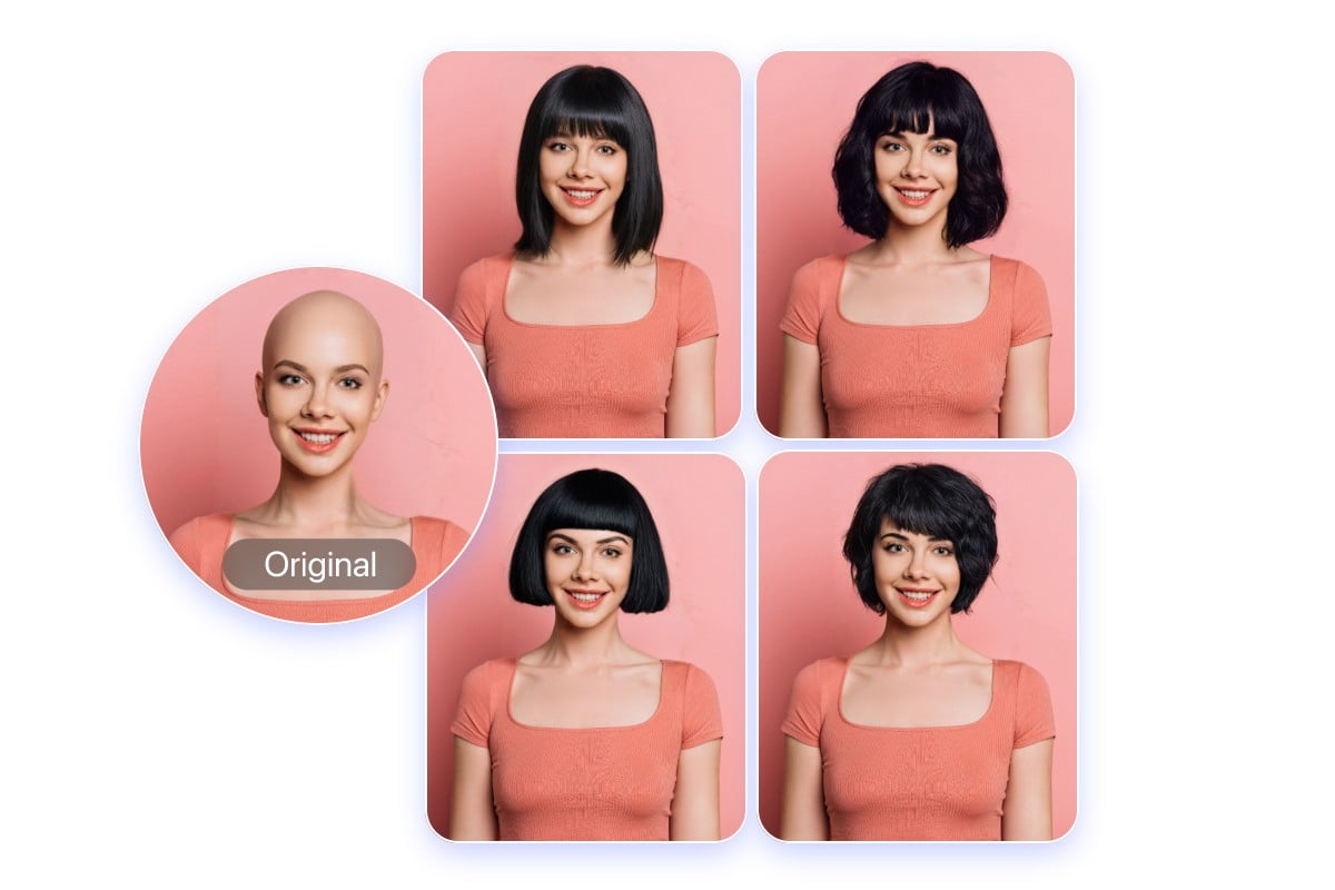 Change the bald head of a girl in pink dress to short hairstyles and long hairstyles