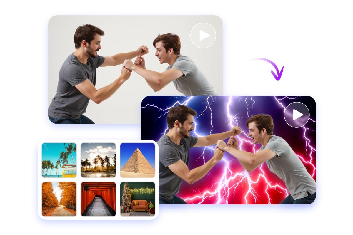 Change the blank background of two men fighting with their fists to a lightning background full of intense atmosphere to make the fight video more exciting