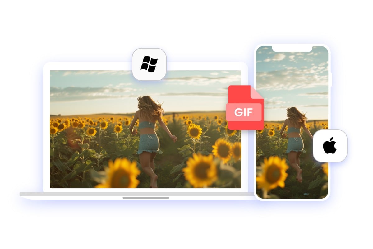 Change the format of a image of a girl running in the flower on Windows and iOS