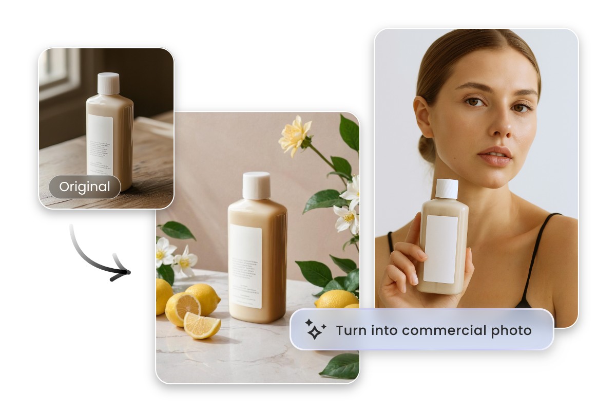 Chat with Fotor AI virtual assistant to turn product photos into commercials with model and styled scene