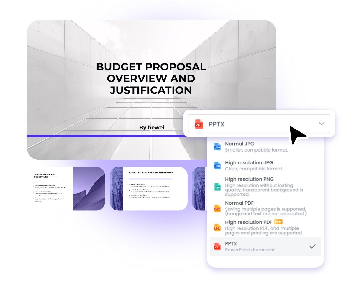 Choose PPTX format to download your high quality budget proposal presentation