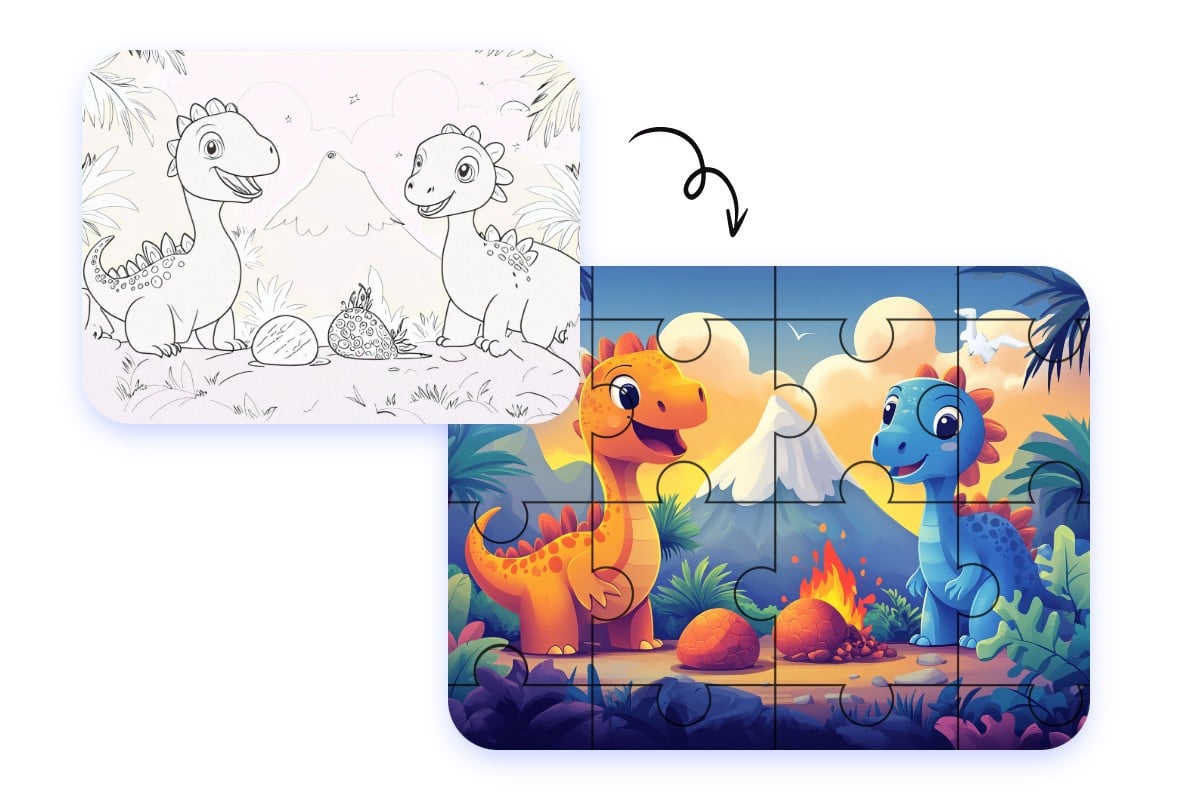 Kolorieren Sie die Dinosaurier-Ausmalbilder und machen Sie daraus ein spannendes Puzzle-Spiel