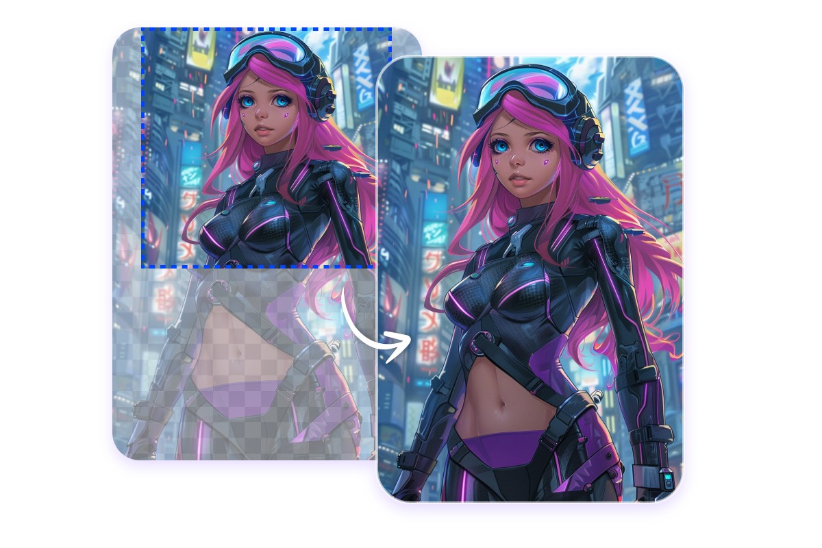 Comlete a game image of a cyber punk girl