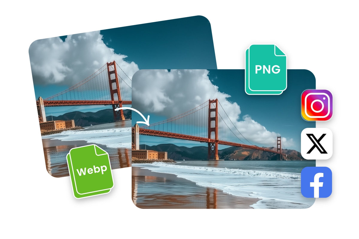 Convert a WEBP image of a bridge scene to PNG format and share it on social media