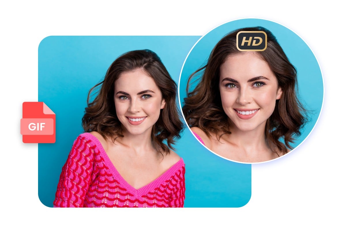 Convert a girl avatar photo with a red dress and blue background to high-quality gif format