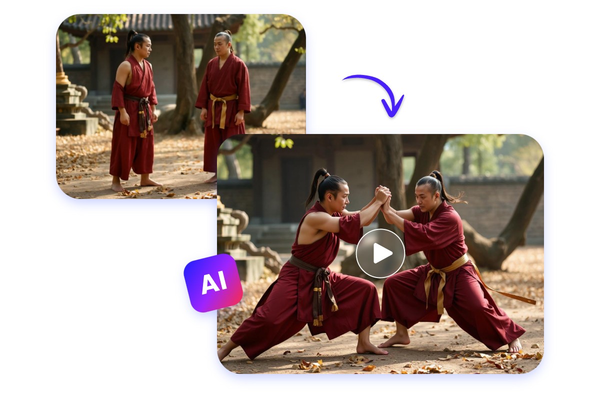 Convert a group photo of two people in red clothes into a kung fu fight video with AI