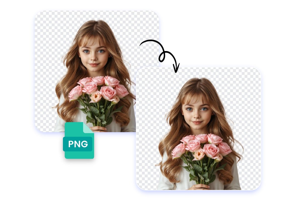 Convert a png image of a girl with the bouquet of flowers with transparent background to svg format