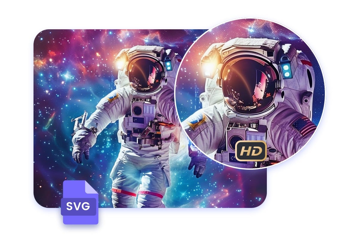 Convert a png image of an astronuat with colorful background to svg format with high quality