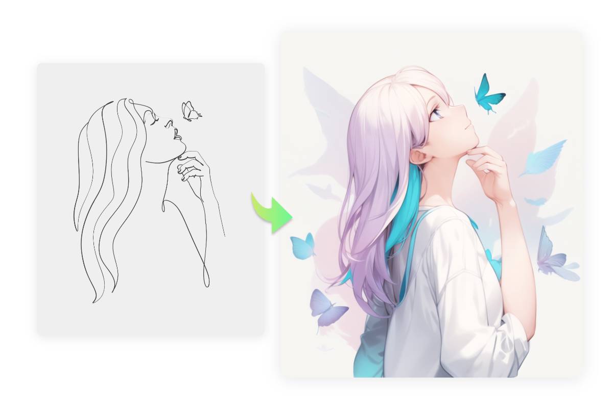 Convert a simple pencil anime drawing to a vivid detailed AI anime image