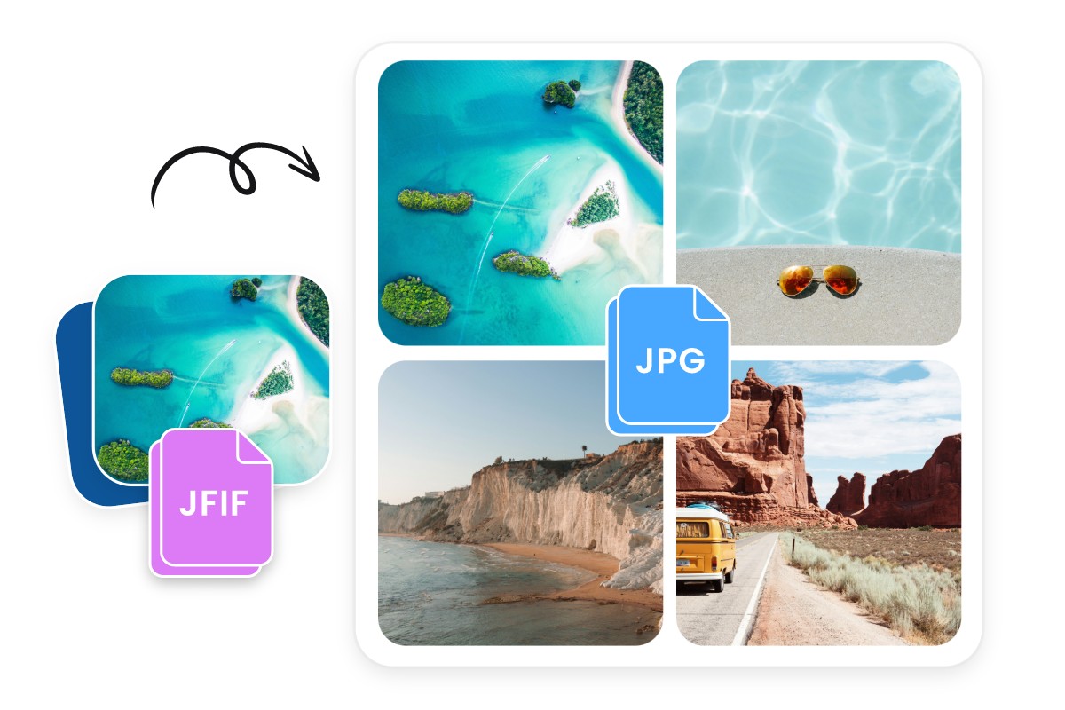 Convert four landscape jfif images including oceans and mountains into jpg format