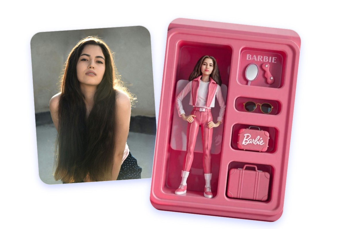 Buat gambar kotak barbie dengan ai dari foto seorang gadis berambut hitam panjang