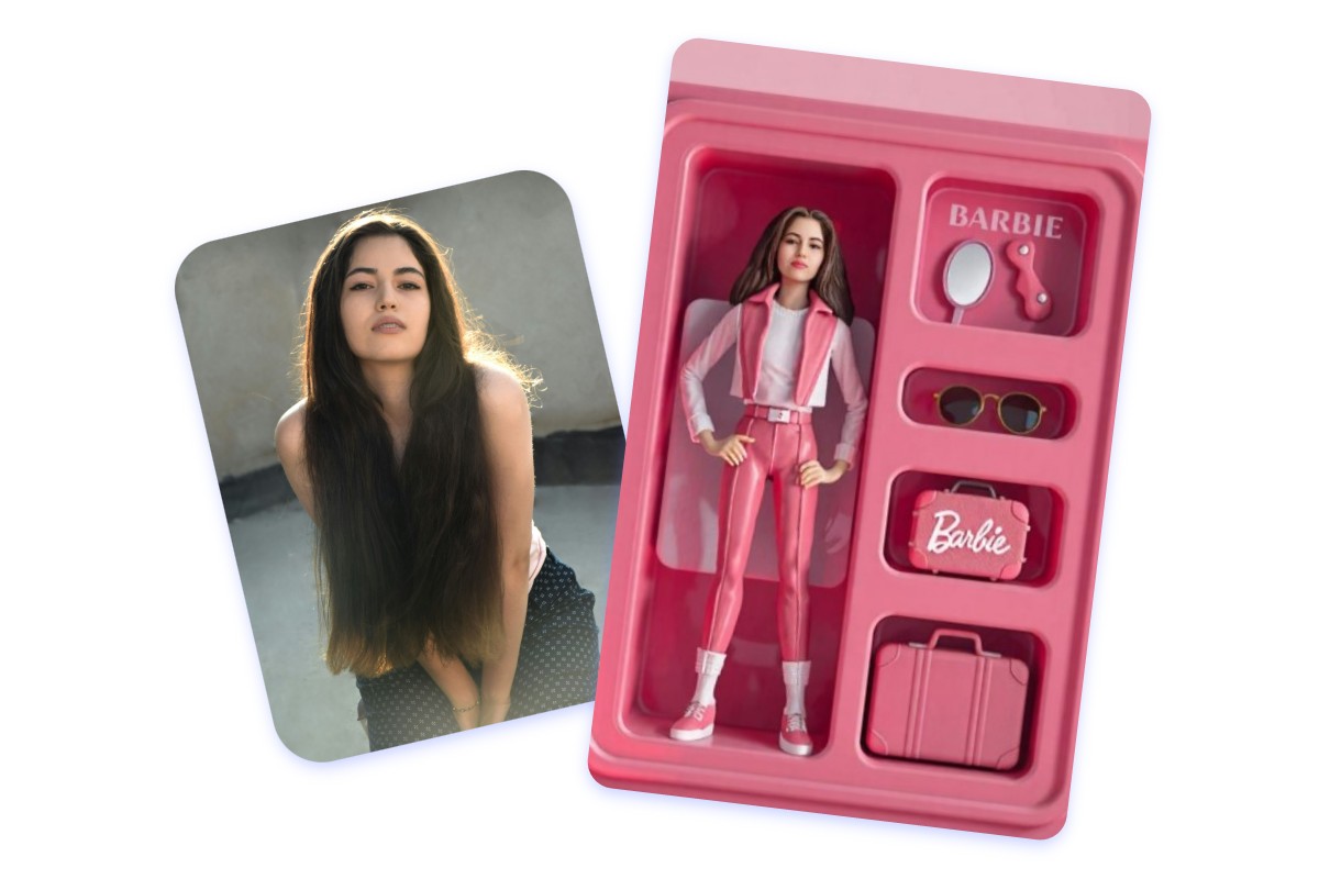 Create a barbie box with ai from a photo of a long black hair girl