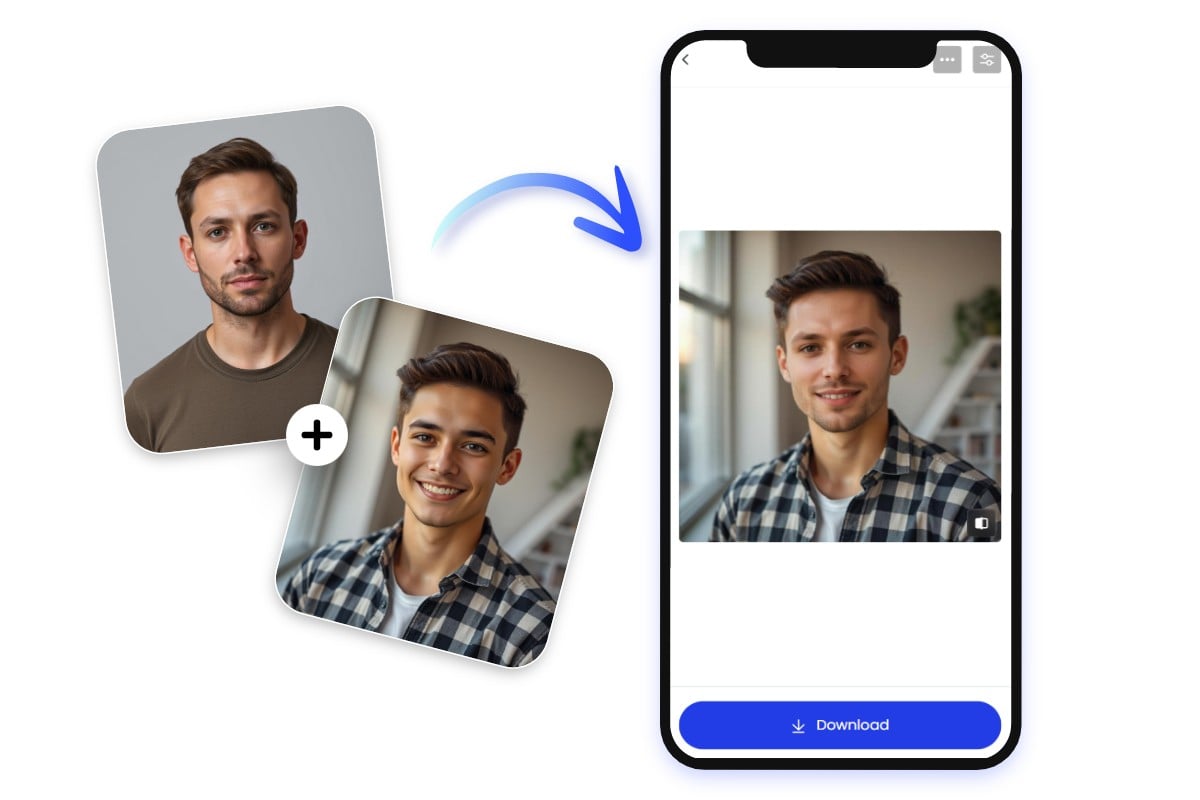 Create a face morph photo of two men using fotor free AI face merge app