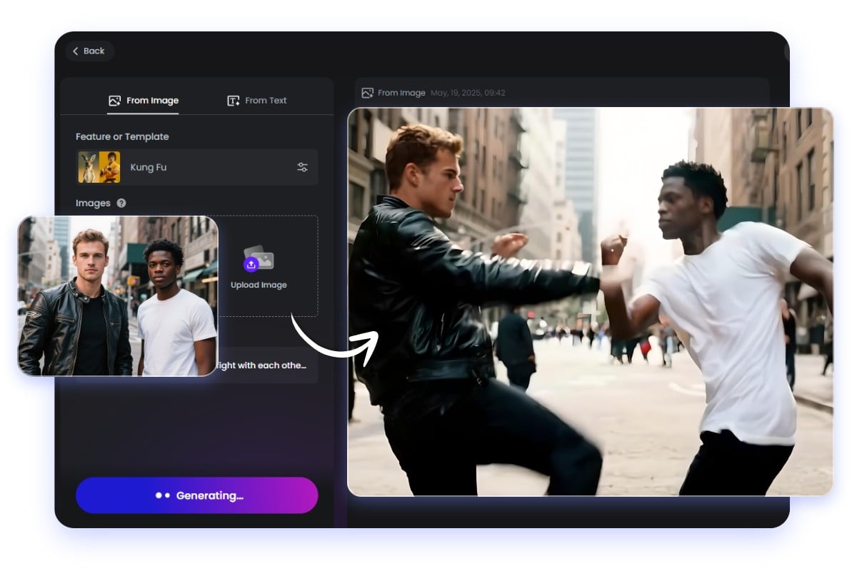 Create fight videos with a group photo of a black jacket man and a white t shirt man with fotor ai fight generator