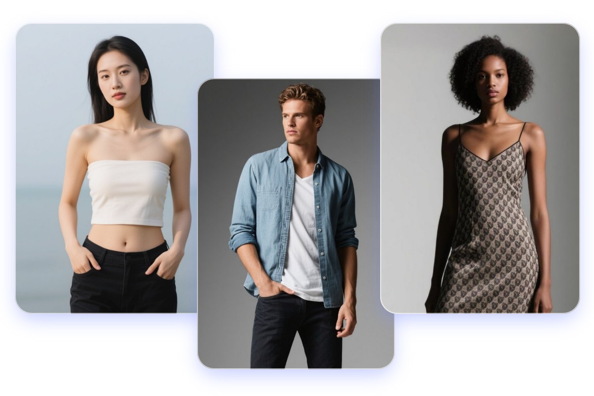 Create three ai people with different clothes style that one girl is black and white clean fit one man wearing a blue jacket and one black girl wearring a gray plaid dress
