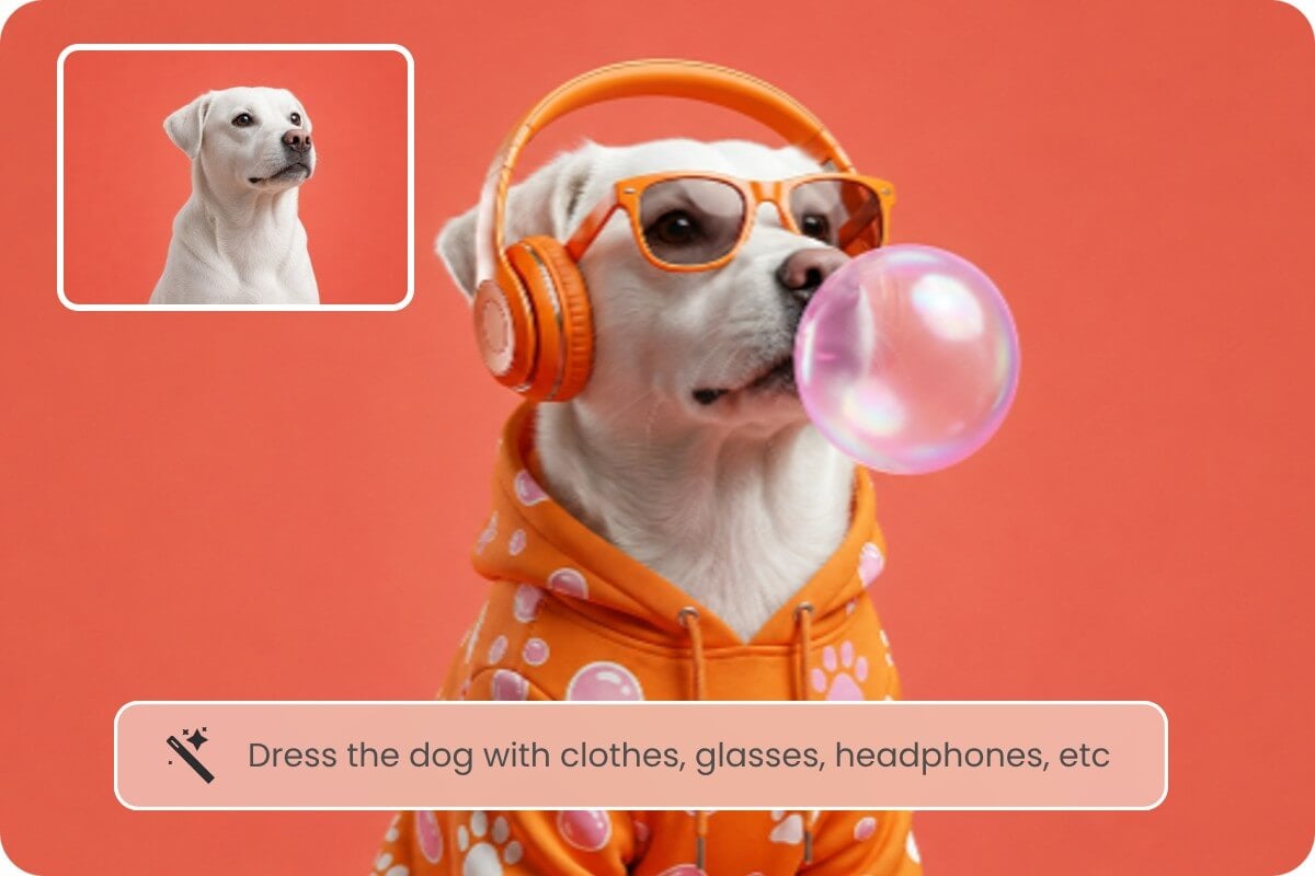 Customize an AI generated dog portrait with accessories and scene changes using text prompts in Fotor AI photo generator