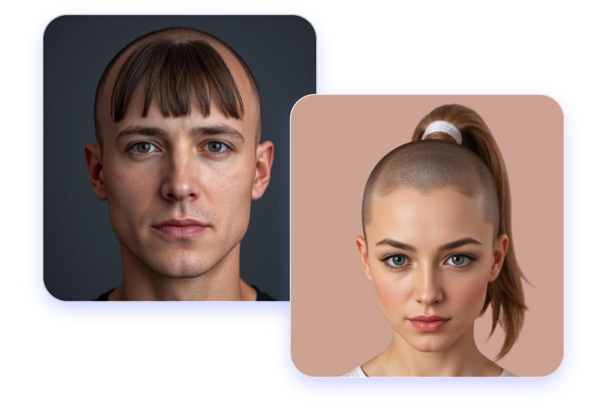 Desgin various bald styles such as a man of a bald with bangs and a girl of a bald with ponytail