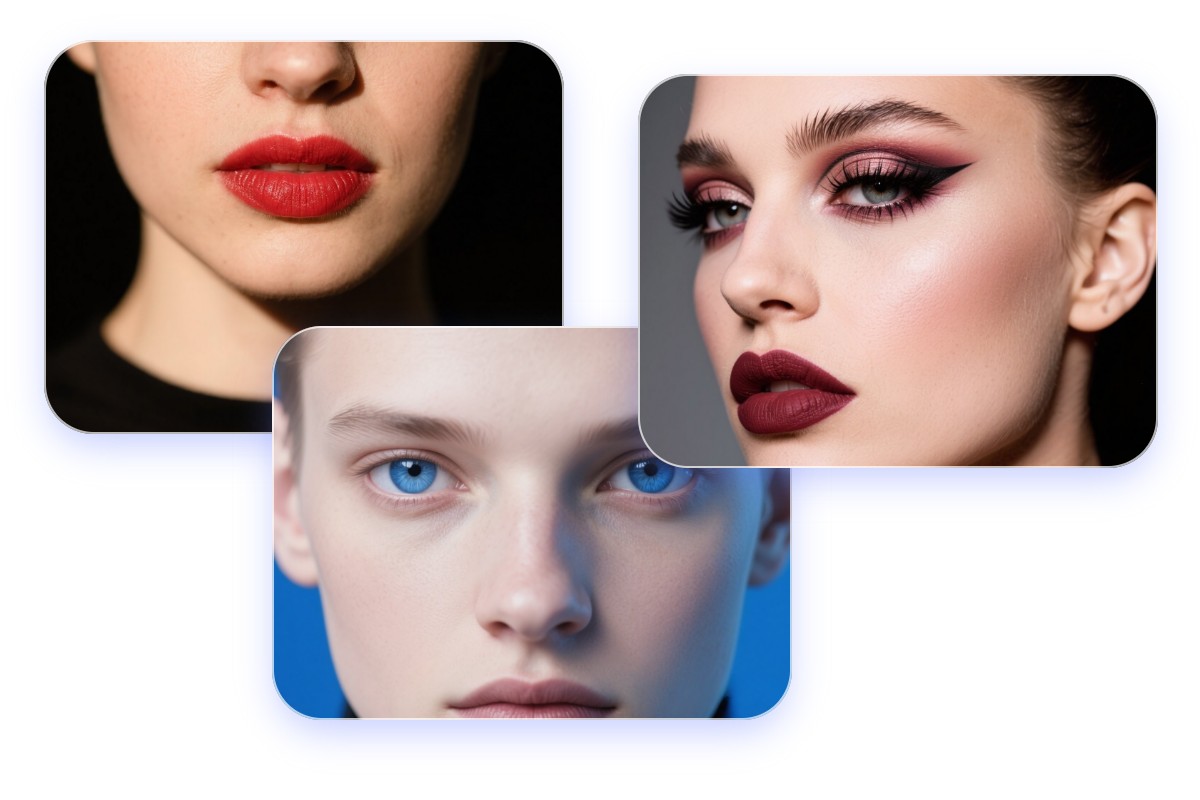 Design different makeup looks for AI human such as red lipstick bold dark red smoky eyes and a clear natural look
