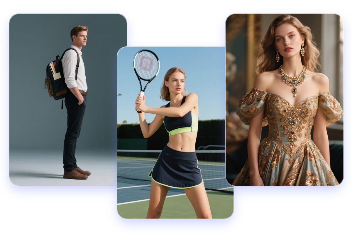 Different AI human have different accessories such as a professional mans backpack a sports girls tennis racket and a girl wearing a dress with gemstone earrings and a necklace