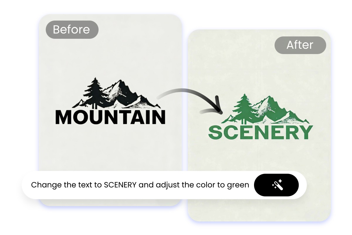 Edit the text in an existing logo changing a black logo with the word MOUNTAIN to a green one with SCENERY