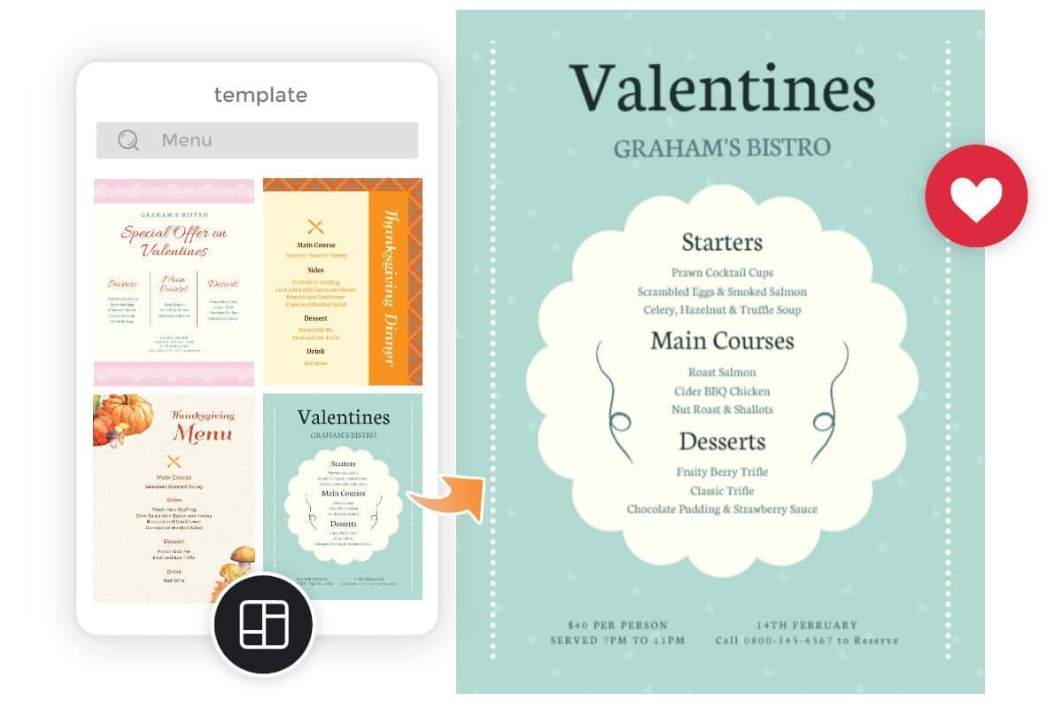 Elija un menú de restaurante de las plantillas de menú de Fotors