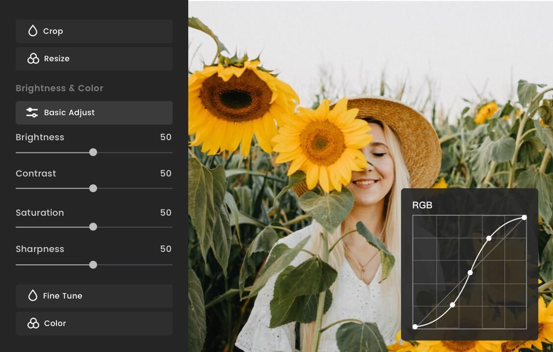 sharpen a blurry image of sunflowers and women by online photo editor