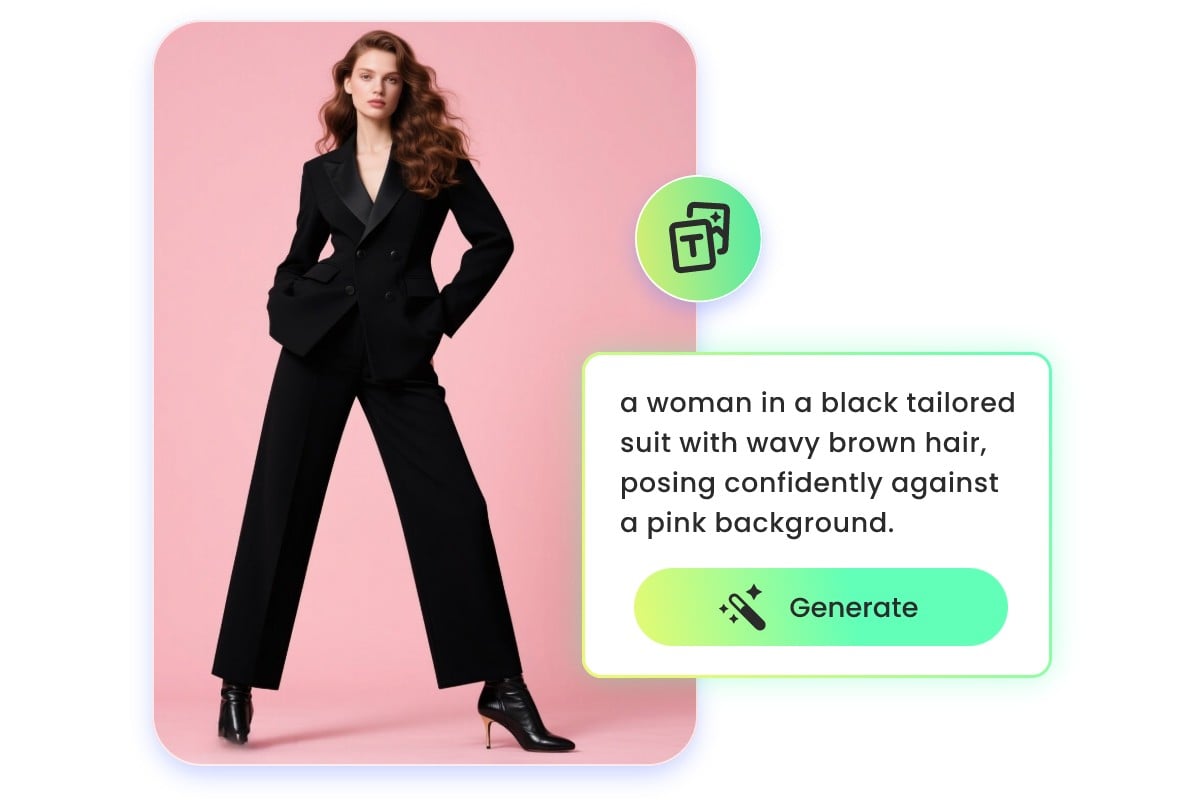 Enter text prompts to our ai human generator to create an image of a woman in a black tailored suit with wavy brown hair