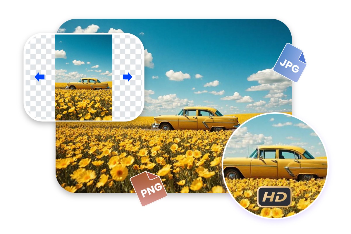 Expand the square image of a yellow car parked in a field of sunflowers to a rectangle and export it in png or jpg format with high quality.