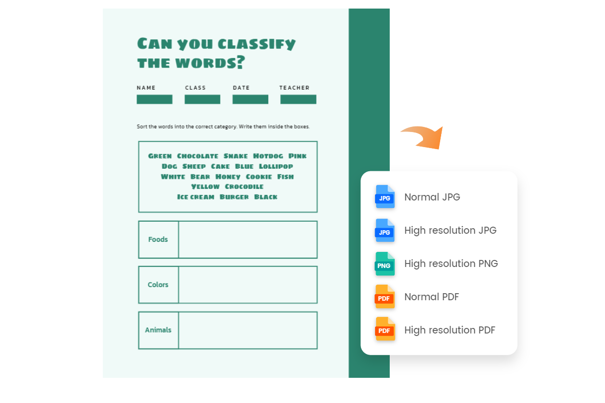 Export the green worksheet and save it in high resolution jpg png and pdf