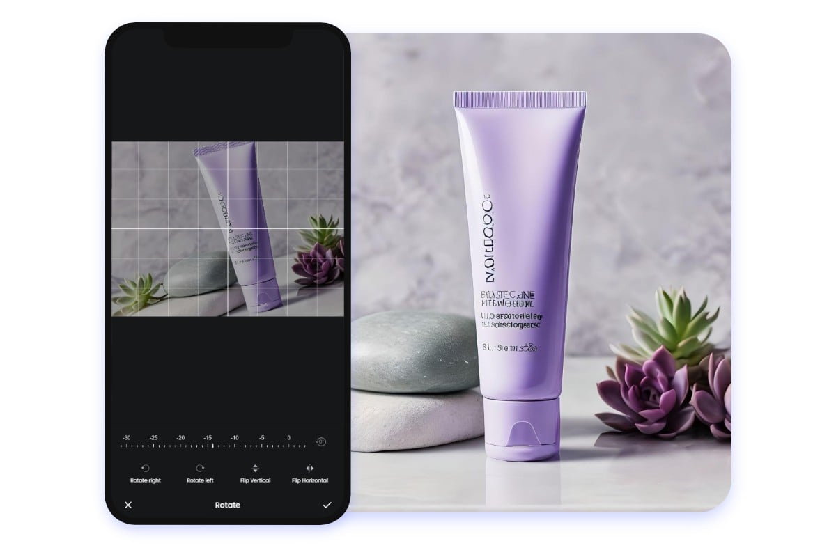 Fix a crooked product image of purple cleanser with fotor photo straightener app