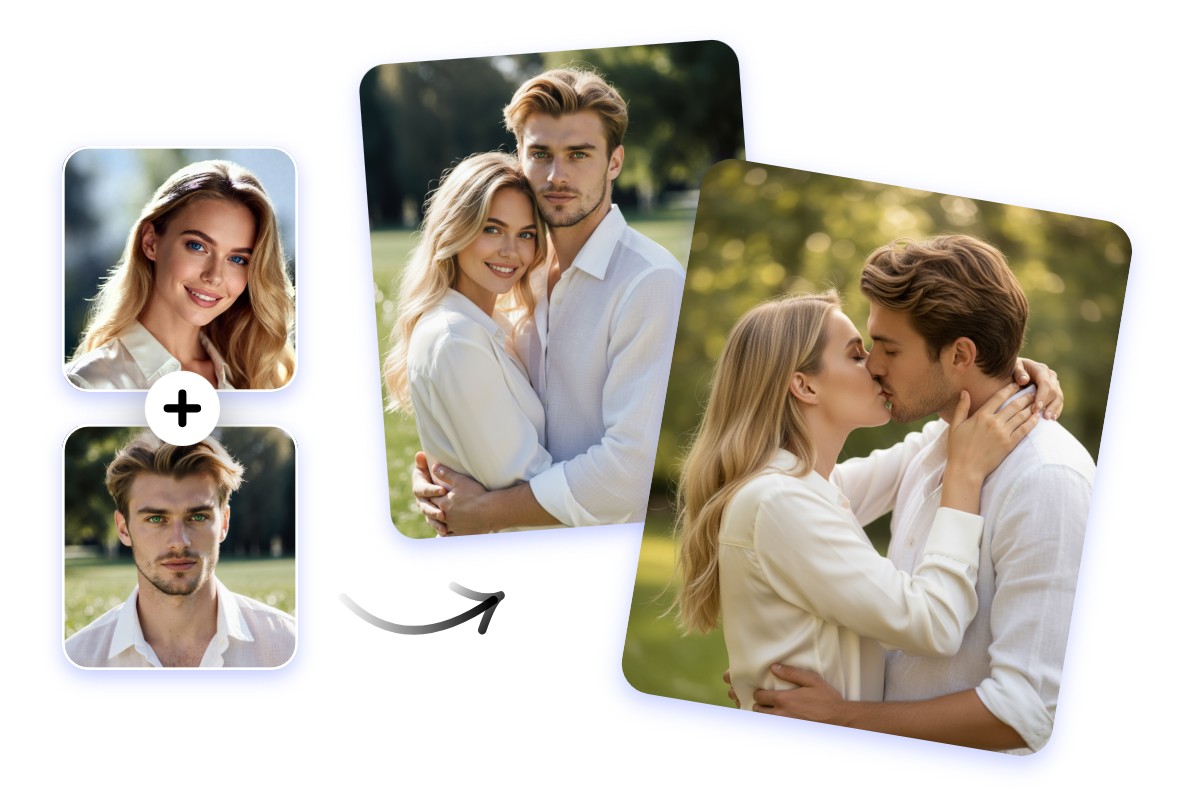 Fusionador de imágenes con IA de Fotor con indicaciones personalizables y resultados variados