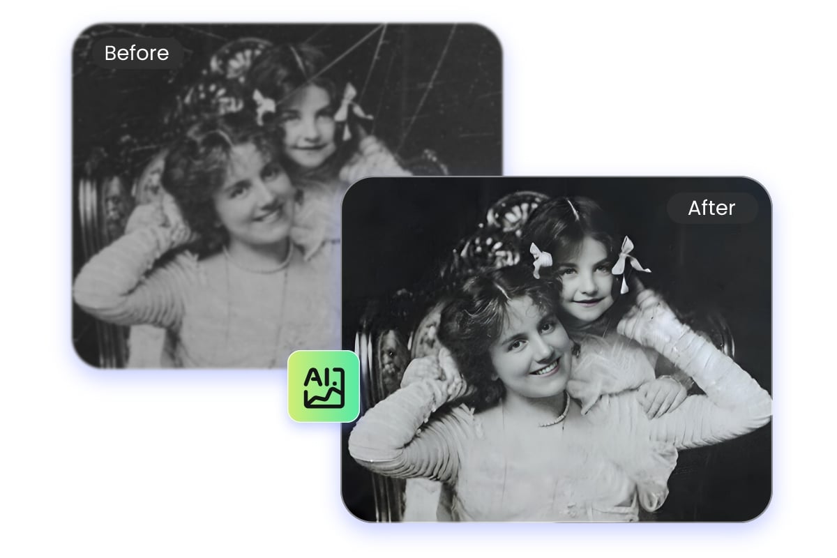 Fotor AI instant picture restoration effect on a black and white photo featuring two smiling girls