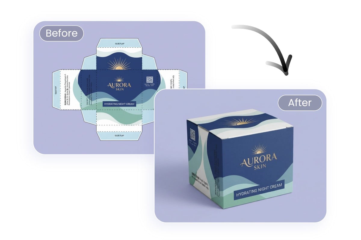 Fotor AI packaging design generator featuring converting a dieline into a 3 D product