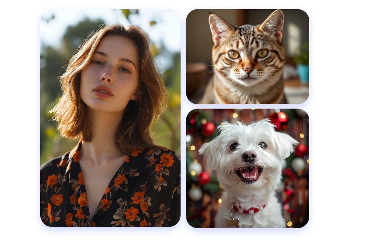 Ergebnisbeispiele aus dem Fotor KI-Realismus-Charaktergenerator einschließlich Frauen und Tieren