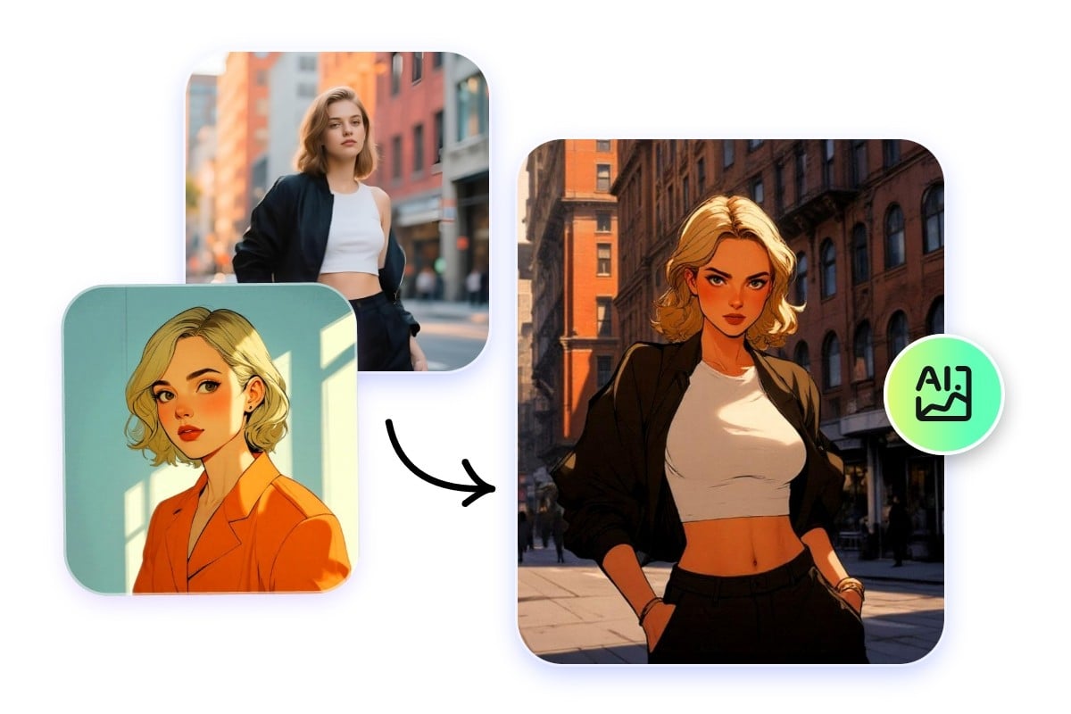 Combinador avanzado de fotos con IA de Fotor en línea, con fusión de contenido y transferencia de estilo manga