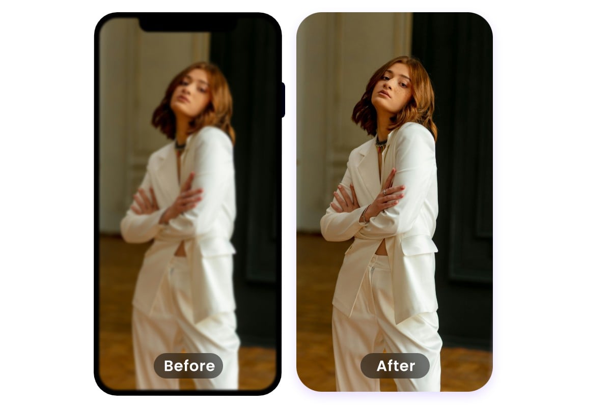 Imagem de comparação de aprimoramento de imagem do aplicativo Fotor com uma mulher usando terno